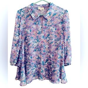MODCLOTH Women’s 1X V-Neck Top in Lavender Floral 3/4 Sleeve Semi Sheer